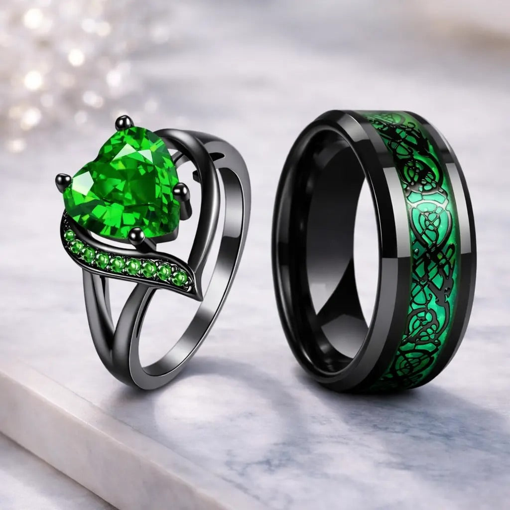 18K PVD Gold Zircon Heart Couple Promise Ring | Waterproof