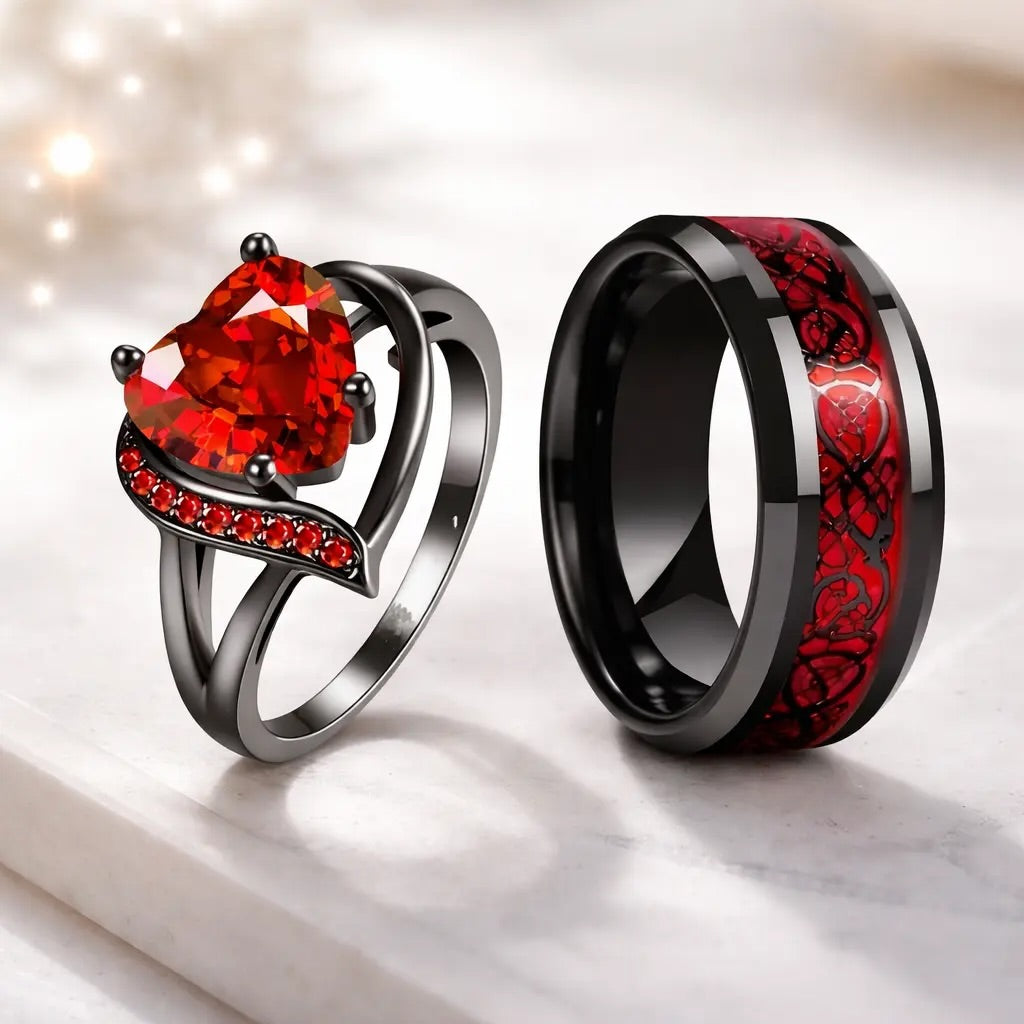 18K PVD Gold Zircon Heart Couple Promise Ring | Waterproof